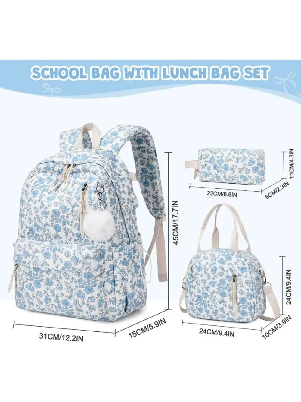 3PCS Girls Corduroy Backpack Set with Lunch Box & Pencil Bag - Blue Floral